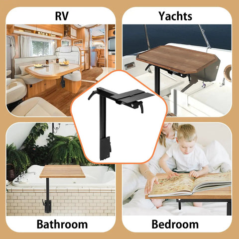 Heavy Duty Aluminum RV Table Leg Equipped With 360 Swivel And Adjustable Height Plus Space Saving Bracket For Camper Motorhome Yacht Setup Rock Solid Base Black in various settings including RV, yacht, bathroom, and bedroom.