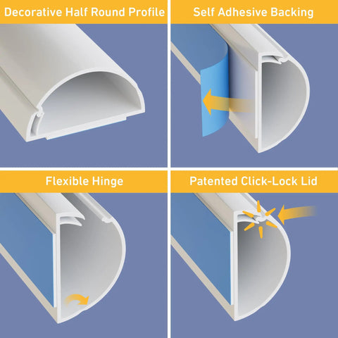 157 Inch Cord Cover Kit Easy Peel And Stick Self Adhesive Wire Hiders showing decorative profile, adhesive backing, hinge, and lock lid
