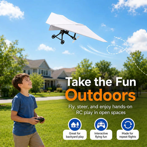 Young boy flying DIY Paper Airplane RC Kit For Grownups Build A Motorized Remote Control Paper Plane With Propeller outdoors