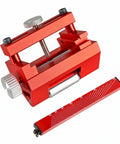 Shop Ready Fixed Angle Sharpening Jig With Built Tough Rigid Metal Frame And Knurled Tightening Knob For Precision Edge Honing On Professional Woodworking Hand Tools, red metal jig with guide rod.