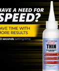 Front view: Starbond Super Fast Thin CA glue bottle with white cap, blue label, 4 oz
