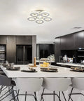 Crystal Flush Mount Ceiling Light With Remote Control, Dimmable LED Chandelier With 5 Ring Design, Chrome Finish in modern kitchen