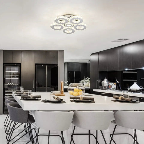 Crystal Flush Mount Ceiling Light With Remote Control, Dimmable LED Chandelier With 5 Ring Design, Chrome Finish in modern kitchen