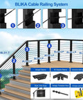 Diagram of Blika cable railing system with labeled parts, including handrail connector sleeve for horizontal to stair upper joint.