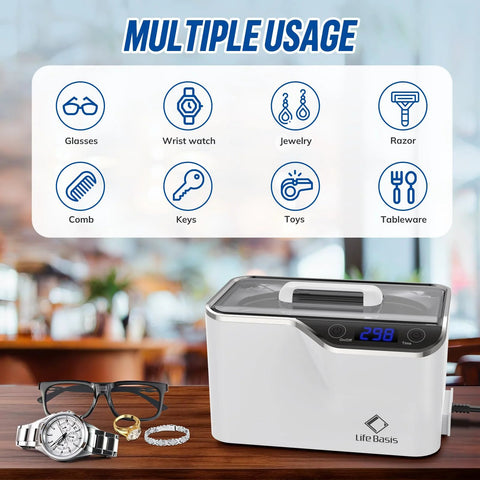 LifeBasis ultrasonic jewelry cleaner, white 600ml with digital timer and lid, watch holder