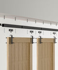 8Ft Ceiling Mount Box Rail Barn Door Hardware Kit Heavy Duty Steel Sliding Track for Double Doors, black finish, installed view