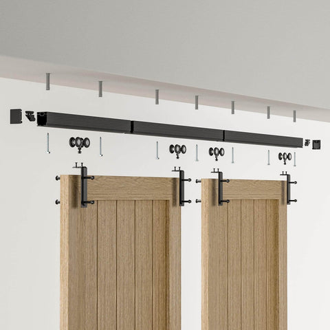 8Ft Ceiling Mount Box Rail Barn Door Hardware Kit Heavy Duty Steel Sliding Track for Double Doors, black finish, installed view