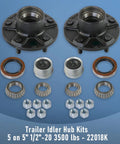 Trailer Idler Hub Kit Set Of 2 For 3500 Lb Axles, 5 On 5 Inch Bolt Pattern with bearings, seals, caps, and lug nuts displayed