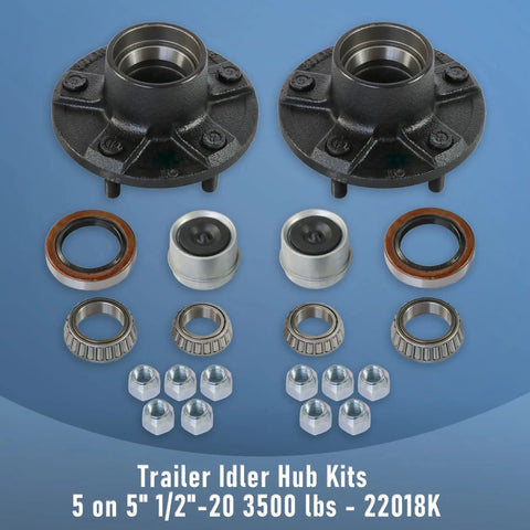 Trailer Idler Hub Kit Set Of 2 For 3500 Lb Axles, 5 On 5 Inch Bolt Pattern with bearings, seals, caps, and lug nuts displayed
