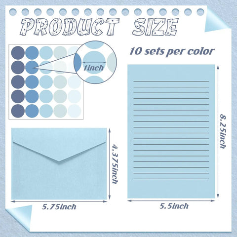 Product size details of All In One Blue Letter Writing Paper And Envelope Set With 50 Lined Papers 50 Envelopes And 50 Stickers.