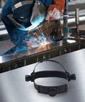 Adjustable Welding Helmet Headgear Replacement For Flexible Durable Welding Hoods ABS Material Easy Fit Long Lasting Comfort Secure Strap Ideal Accessory For Various Welding Helmets with a welder at work.