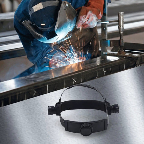 Adjustable Welding Helmet Headgear Replacement For Flexible Durable Welding Hoods ABS Material Easy Fit Long Lasting Comfort Secure Strap Ideal Accessory For Various Welding Helmets with a welder at work.