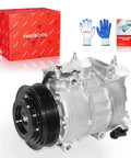 Premium Air Conditioning Compressor With Rock Solid Clutch Direct Bolt On For Your Daily Driver Chrysler 300 Dodge Charger Challenger 2014 Through 2023 V6 3.6 Liter with packaging and gloves.