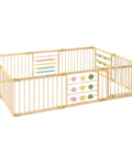 Natural Pine Wood Foldable Baby Playpen With 10 Expandable Panels And Built In Jumbo Activity Toys, featuring colorful shapes.
