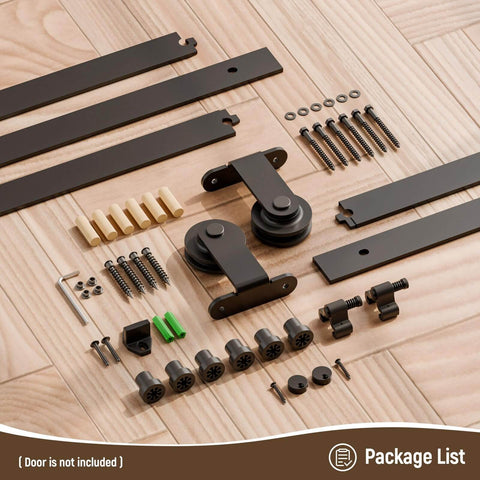 Heavy Duty 9Ft Sliding Barn Door Hardware Kit For 54 Inch Wide Single Door Panel Black T Shaped Track System With Quiet Smooth Nylon Wheels And Spring Damping Easy To Install Built To Last Supports Up To 330 LB package components displayed on wooden floor