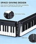 Foldable 88 Key Portable Piano Keyboard with 128 Sounds demonstrating space-saving foldable design and one-button folding mechanism.