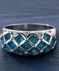 Womens Silver Plated Promise Ring With Blue Asscher Cubic Zirconia Grid Pave Design Size 10 Comfort Fit Solid Copper Band
