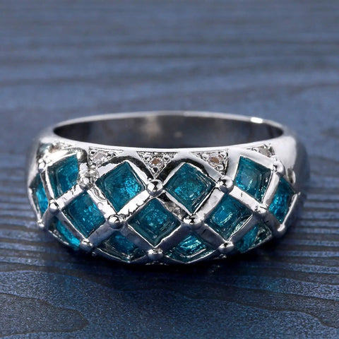 Womens Silver Plated Promise Ring With Blue Asscher Cubic Zirconia Grid Pave Design Size 10 Comfort Fit Solid Copper Band