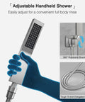 Handheld component of 10 Inch Rain Shower Head System With Handheld Spray, showing 360° rotatable bracket and hose detail