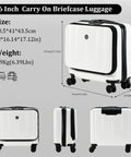 Lightweight 16 Inch Carry On Luggage With Dual Compartments For 14 And 15 Inch Laptops, 16.14 By 8 By 17.12 Inches Rolling Hardshell ABS And PC Suitcase With Silent Spinner Wheels, Overhead Bin Friendly For Business Trips Milky White, different angles and dimensions shown