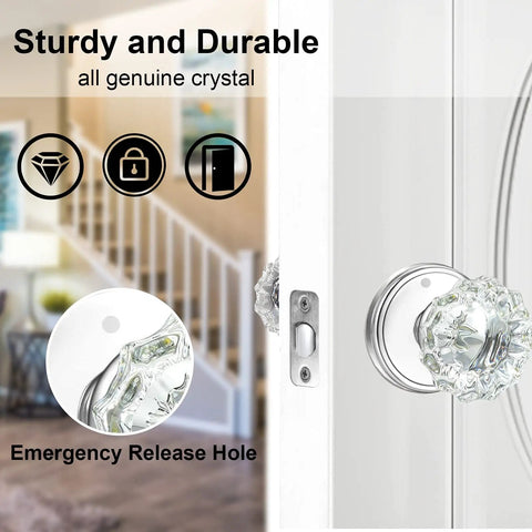 Crystal Glass Privacy Door Knobs With Lock In Polished Chrome close-up, featuring emergency release hole, installed on white door.