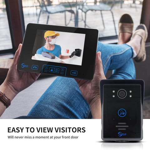 Wireless Video Doorbell Intercom Kit With 7-Inch Touch Monitor, HD Camera Doorphone, No WiFi Needed, App Free Setup, Long Range Up To 984 Feet, Easy Access Control System For Home Office Apartment Security showing monitoring screen and doorbell camera.