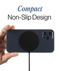 Dope Wireless Charger Pad 15W for iPhone AirPods and Android Devices MagSafe compatible shown on back of smartphone