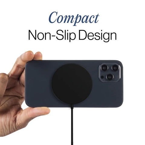 Dope Wireless Charger Pad 15W for iPhone AirPods and Android Devices MagSafe compatible shown on back of smartphone
