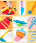 Children using 9-Piece Dough And Clay Tools Starter Set For Kids with rollers, pizza cutter, extruder, scissors, and modeling tools displayed.