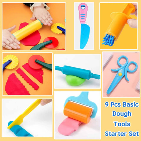 Children using 9-Piece Dough And Clay Tools Starter Set For Kids with rollers, pizza cutter, extruder, scissors, and modeling tools displayed.