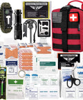 250 Piece Survival First Aid Kit With IFAK EMT MOLLE Pouch, red pouch and supplies for camping, hiking, home, car, emergencies.