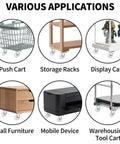 1-inch swivel caster wheels infographic showing uses: push cart, storage racks, display case, small furniture, mobile cart, tool cart.