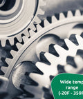 Close-up of machine gears, labeled 'Wide temp range', used with Food Safe Machine Lube For Go-To Heavy-Duty Bearings And Seals.