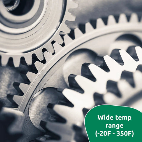 Close-up of machine gears, labeled 'Wide temp range', used with Food Safe Machine Lube For Go-To Heavy-Duty Bearings And Seals.