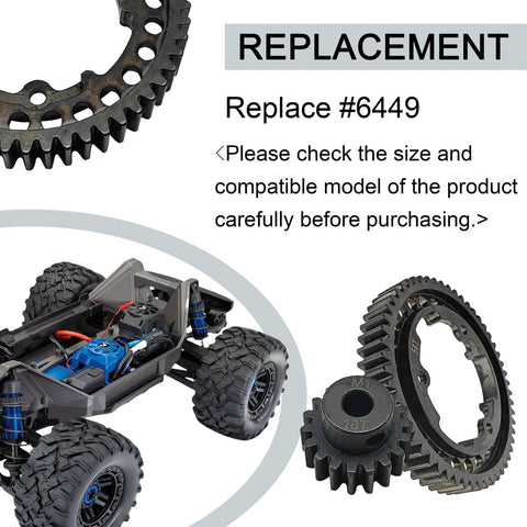 Hardened steel 54T spur gear and 18T pinion shown next to Traxxas RC car for Beefy Hardened Steel 54T Spur Gear 1 Mod And 18T Pinion Upgrade Kit