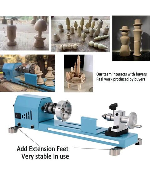 Mini Wood Lathe Machine For Desktop With Infinite Speed Control Perfect For DIY Enthusiasts, showcasing wood projects and lathe design.