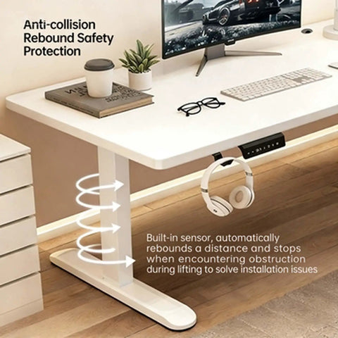 Top Shelf Electric Height Adjustable Computer Desk Featuring Memory Presets And Smooth One Touch Operation with anti-collision safety feature.