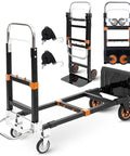 Heavy Duty 3 In 1 Folding Hand Truck And Convertible Dolly Cart Featuring Swift Mode Swap and 600 Pound Cap, black and orange design, with straps.