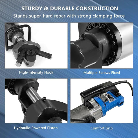 Heavy Duty 2000W Electric Hydraulic Rebar Bender Portable Steel Bending Machine For 16-32mm Reinforcement Bars With Straightener Dual Voltage 110V 220V Pure Copper Motor Construction Tool close-up of hydraulic piston and grip features.