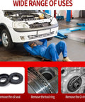 Mechanic under a car on a creeper using a 6.5-inch, 4-piece hook-and-pick automotive tool set with yellow grips.
