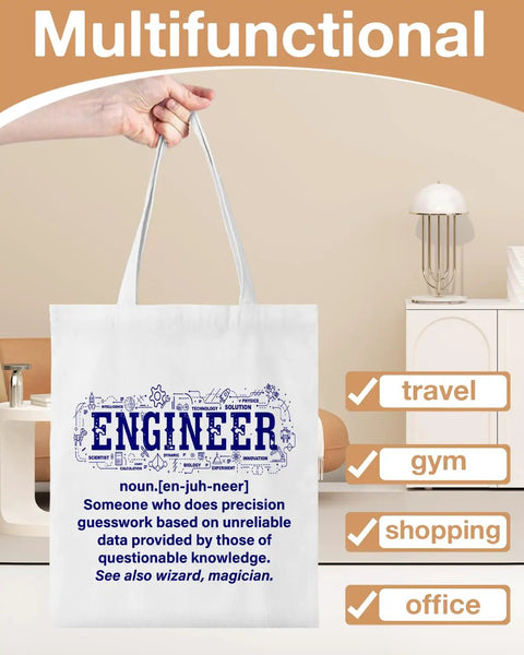 Canvas Tote Bag for Women Engineers Dope Reusable Grocery Shopping Work Travel Tote with Engineering Theme Gift White Durable Lightweight Everyday Carryall with printed engineering definition held by hand