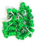 100 Piece Custom Pigeon Leg Rings 9mm Grass Green Racing Band Set with Personalization For Name Year Phone Logo, shown tied together.