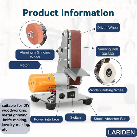 Rugged Mini Belt Sander And Auto Knife Sharpener Buffer Gear With Badass 150 Watt Copper Motor And Smooth Seven Speed Forward Reverse Switch for wood and metal with components labeled.