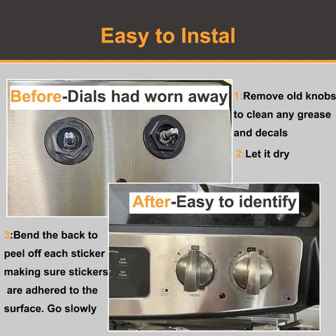 Six Burner Stove Dial Sticker Set For Knobs And Controls installed on silver cooktop showing before and after installation