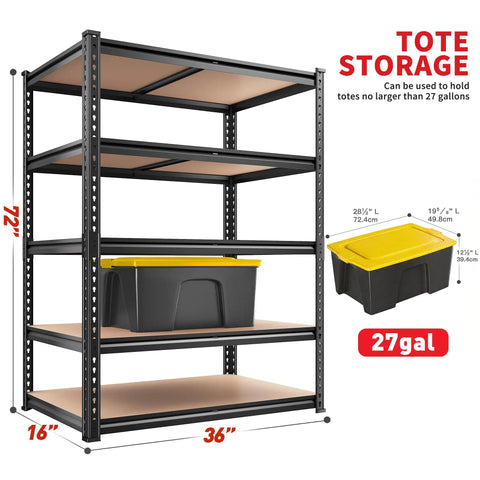 Must-Have Heavy Duty Garage Shelving Unit With Five Adjustable Tiers 2400 Pounds Capacity, holds 27gal totes