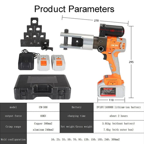 Pro Level Kick Butt Electric Hydraulic Crimping Tool With Rechargeable 18V Lithium Battery displayed with battery and case.