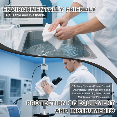 Laboratory technician using Ultra Soft 9x9 Cleanroom Wipes 50 Count 100 Polyester Microfiber Class 100 120 GSM, reusable and washable.