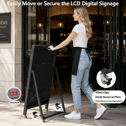 Woman securing a portable 43 Inch Indoor Digital Signage Display Portable Lcd Menu Board with wheel clips outdoors.