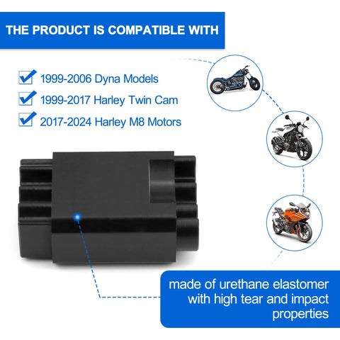 Black double-headed cam locking tool made of urethane elastomer, compatible with Harley Twin Cam and Milwaukee-8 motors.