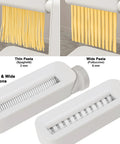 Electric Pasta Maker With Roller And Cutters For Fresh Noodles showing thin spaghetti and wide fettuccine pasta options.